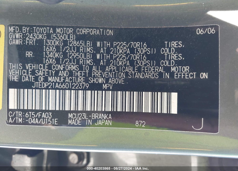 2006 TOYOTA HIGHLANDER V6 VIN: JTEDP21A660122379