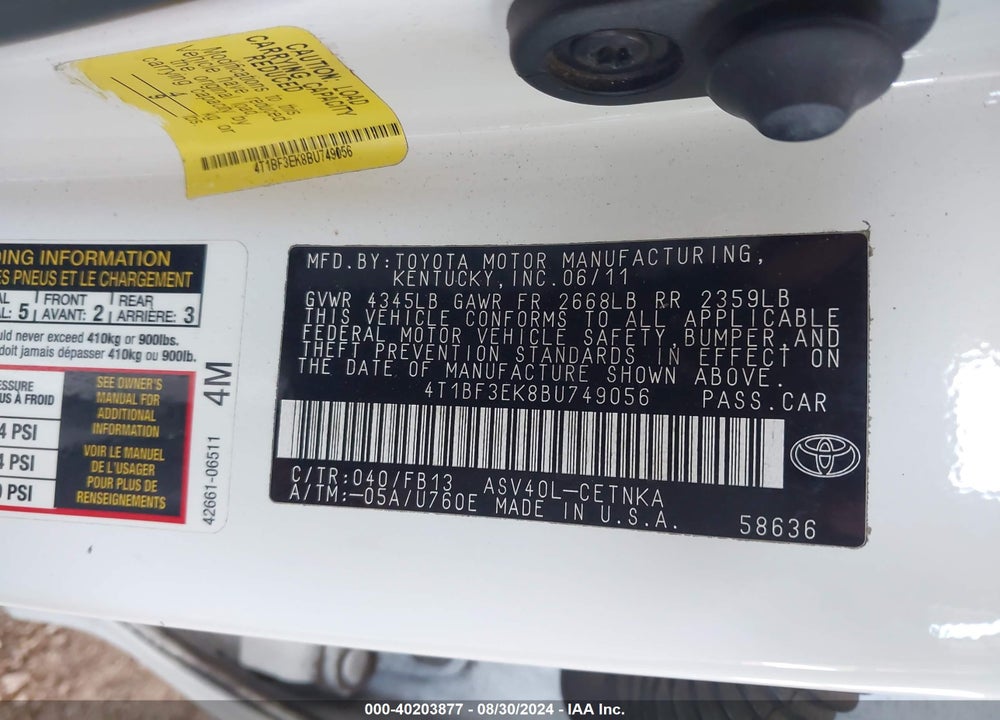 2011 TOYOTA CAMRY LE VIN: 4T1BF3EK8BU749056