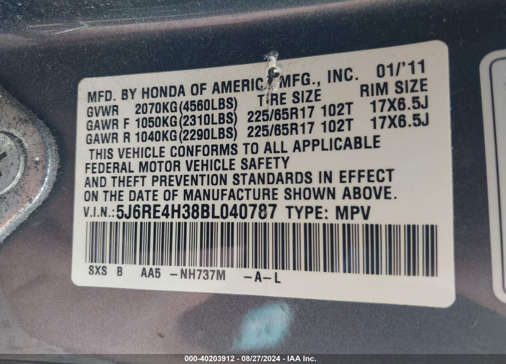 2011 HONDA CR-V LX VIN: 5J6RE4H38BL040787