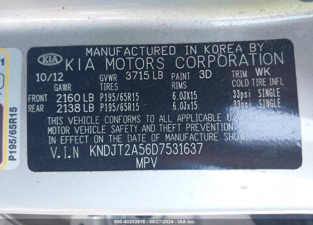 2013 KIA SOUL VIN: KNDJT2A56D7531637