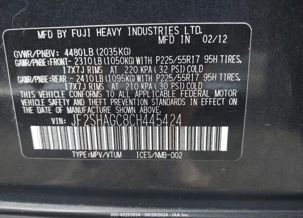 2012 SUBARU FORESTER 2.5X TOURING VIN: JF2SHAGC8CH445424