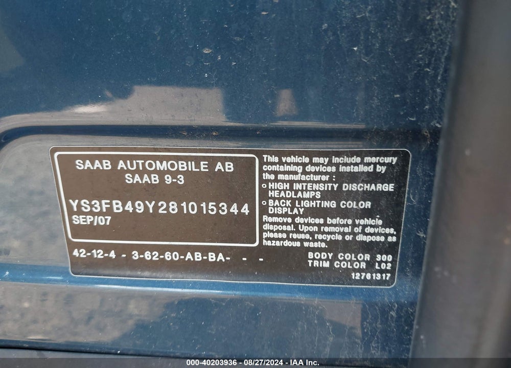 2008 SAAB 9-3 2.0T VIN: YS3FB49Y281015344