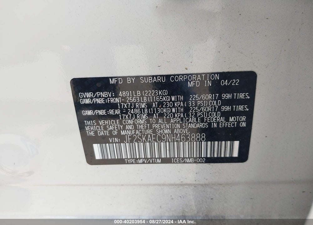 2022 SUBARU FORESTER PREMIUM VIN: JF2SKAEC9NH463888