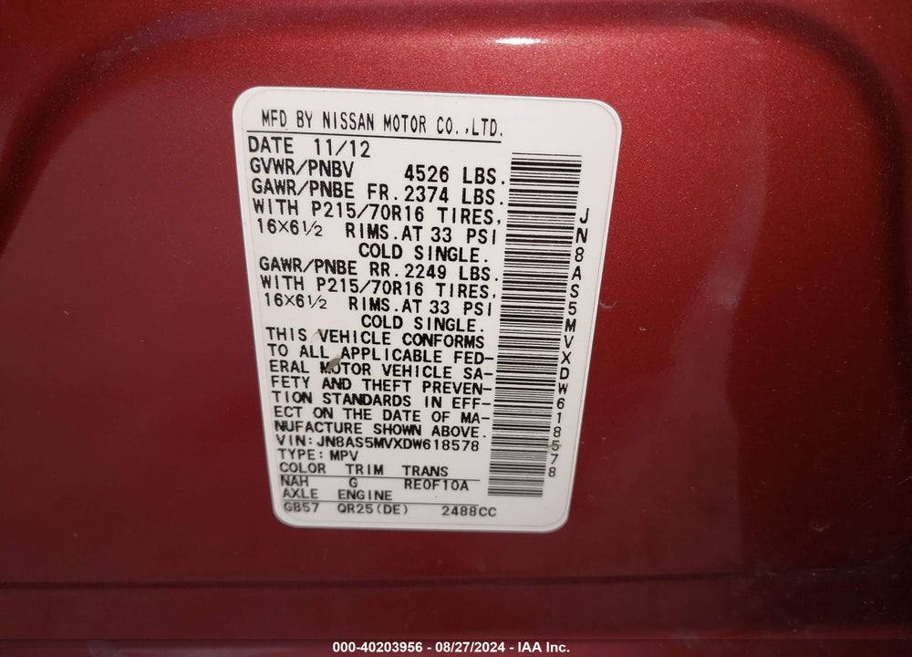 2013 NISSAN ROGUE S VIN: JN8AS5MVXDW618578