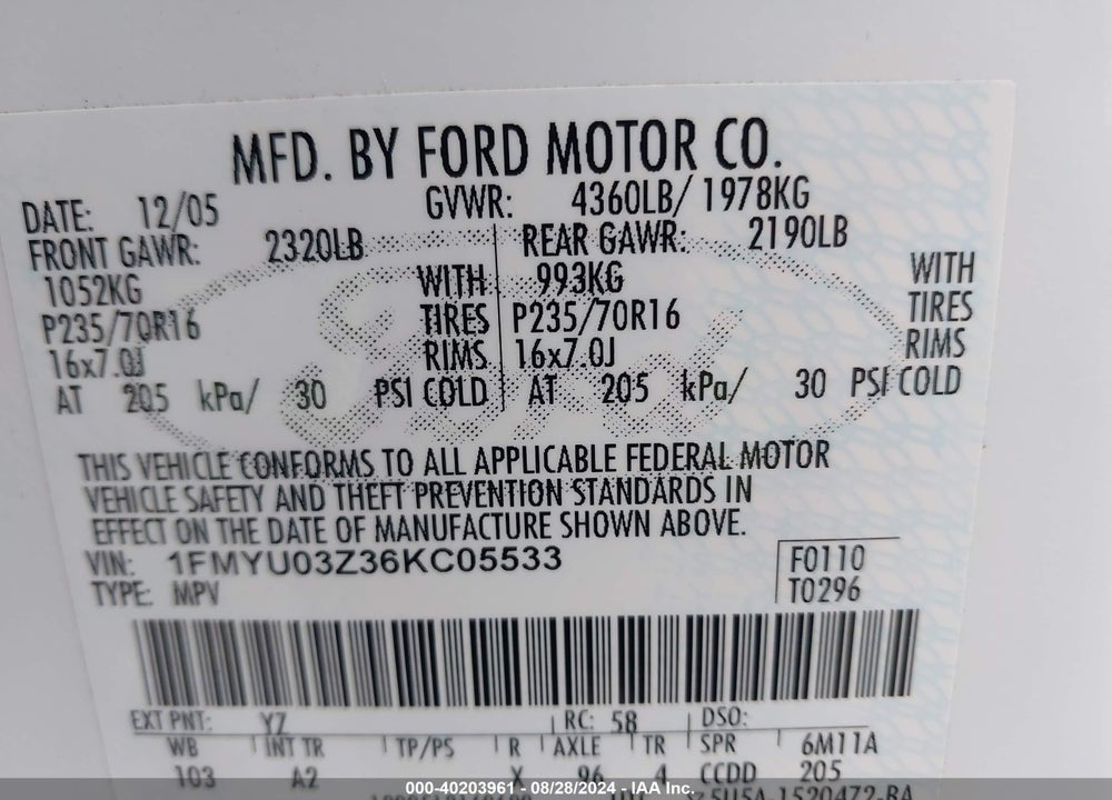 2006 FORD ESCAPE XLT VIN: 1FMYU03Z36KC05533
