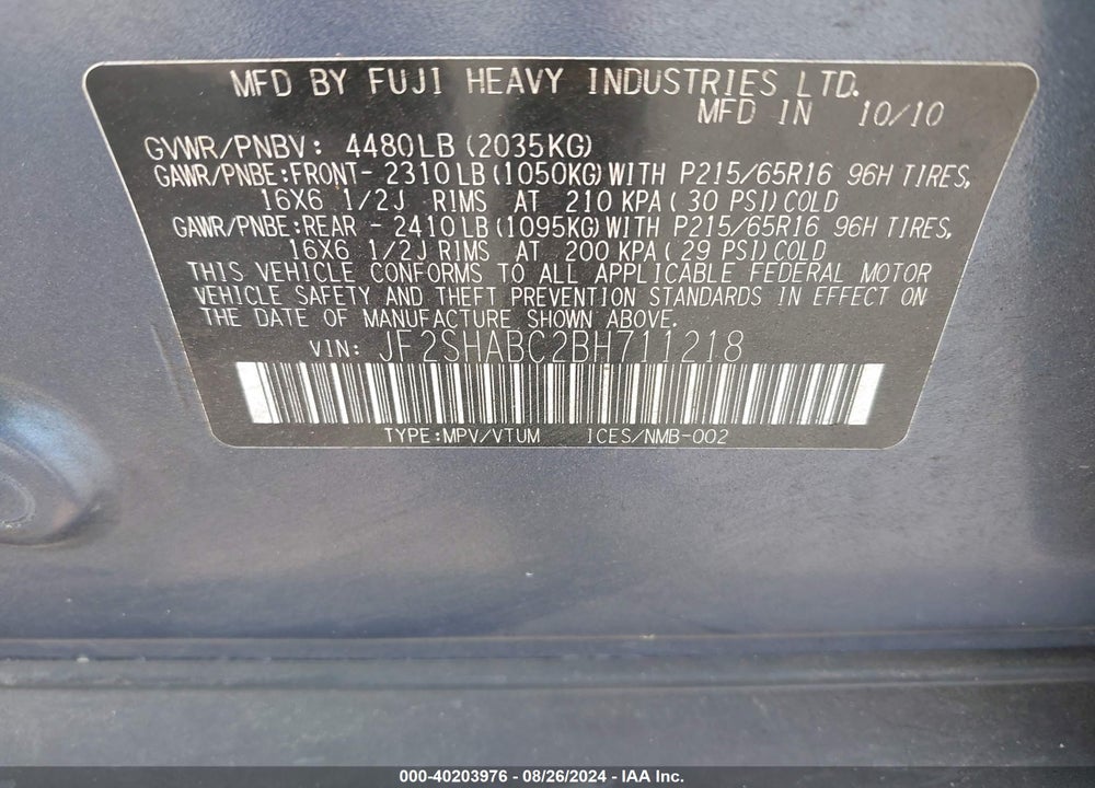 2011 SUBARU FORESTER 2.5X VIN: JF2SHABC2BH711218