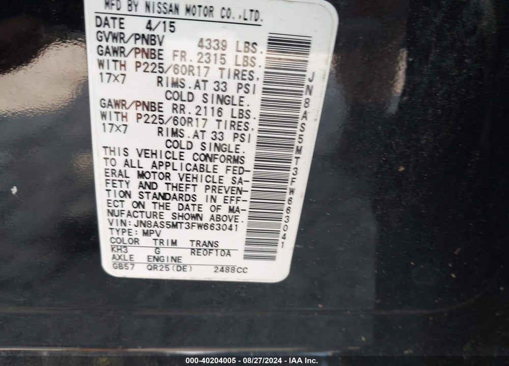 2015 NISSAN ROGUE SELECT S VIN: JN8AS5MT3FW663041