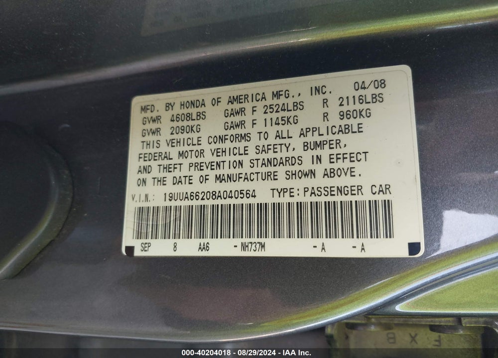 2008 ACURA TL 3.2 VIN: 19UUA66208A040564