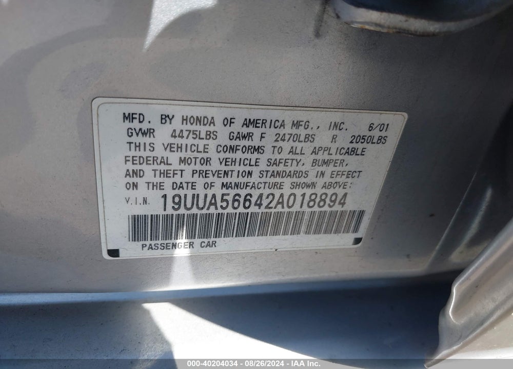 2002 ACURA TL 3.2 VIN: 19UUA56642A018894
