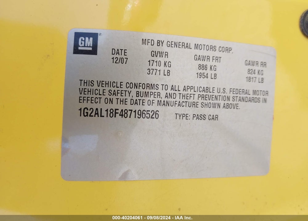 2008 PONTIAC G5 VIN: 1G2AL18F487196526