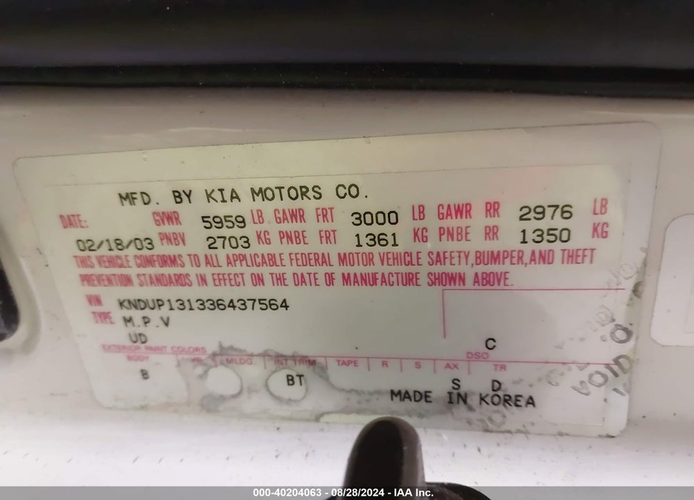 2003 KIA SEDONA EX/LX VIN: KNDUP131336437564