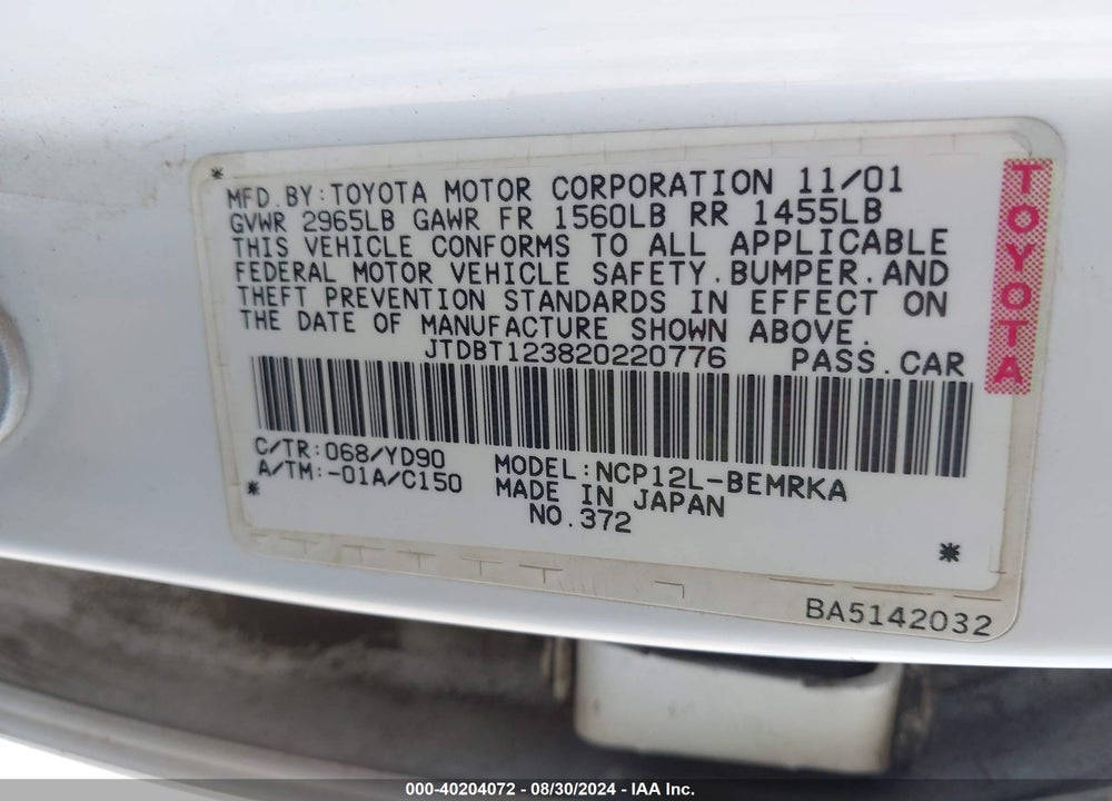 2002 TOYOTA ECHO VIN: JTDBT123820220776