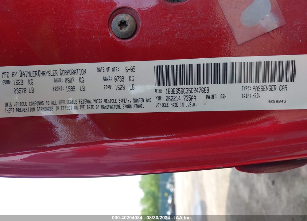 2005 DODGE NEON SXT VIN: 1B3ES56C35D247688