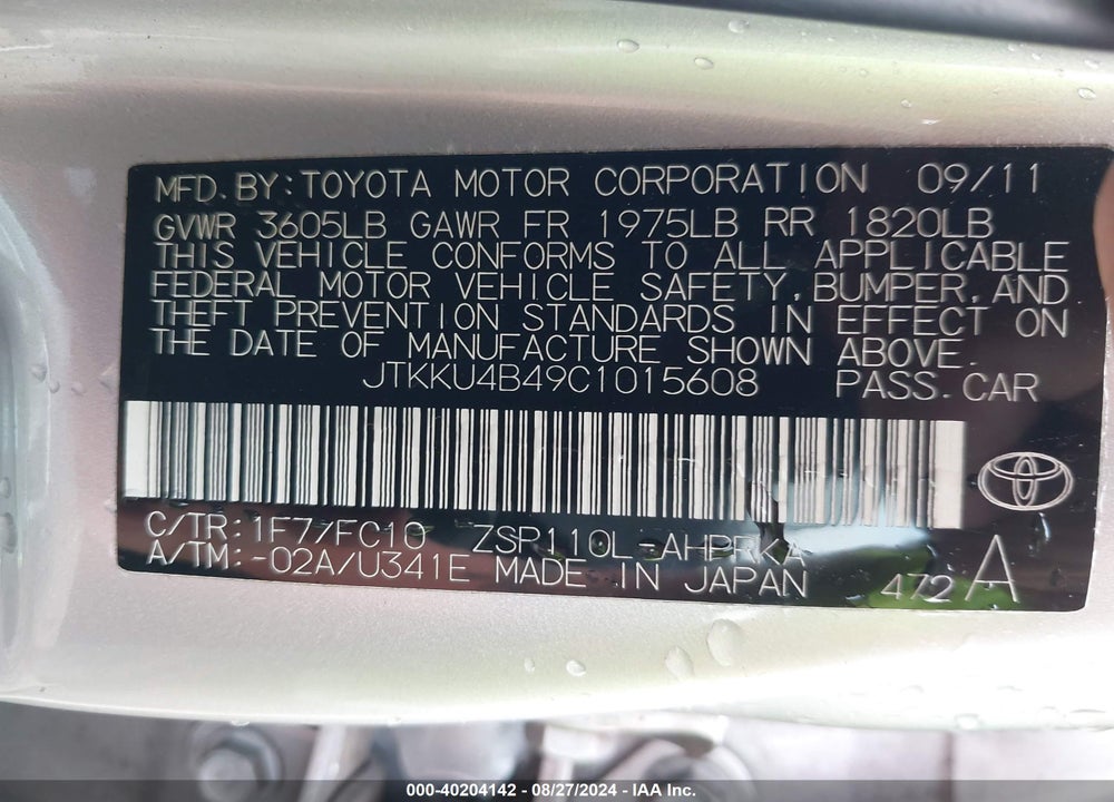 2012 SCION XD VIN: JTKKU4B49C1015608