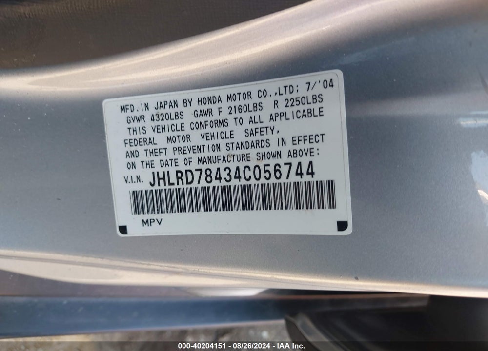 2004 HONDA CR-V LX VIN: JHLRD78434C056744