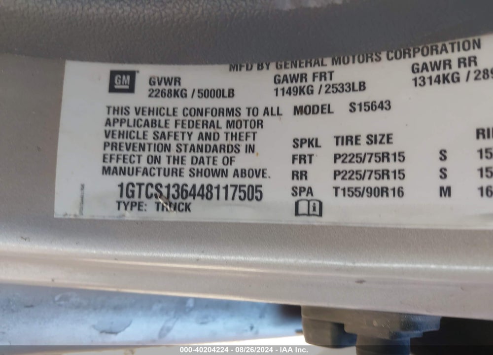 2004 GMC CANYON SLE VIN: 1GTCS136448117505