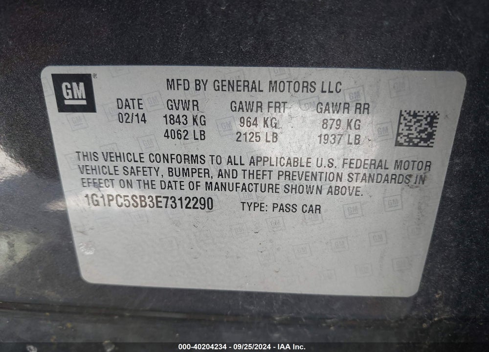 2014 CHEVROLET CRUZE 1LT AUTO VIN: 1G1PC5SB3E7312290
