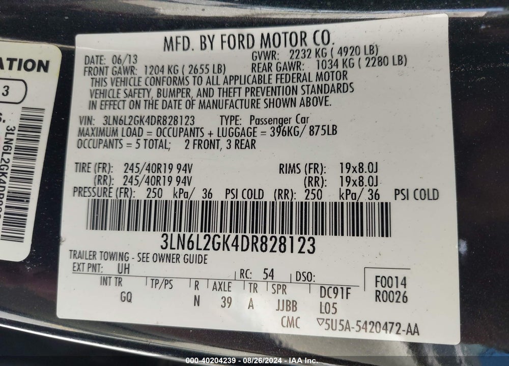 2013 LINCOLN MKZ VIN: 3LN6L2GK4DR828123