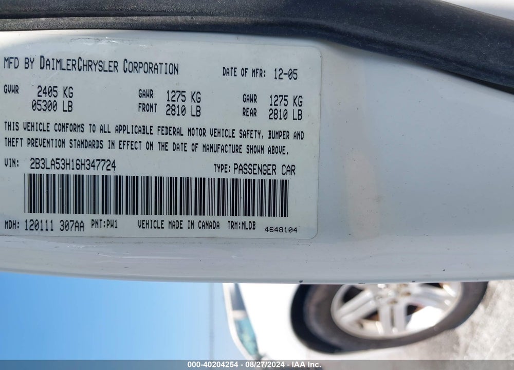 2006 DODGE CHARGER RT VIN: 2B3LA53H16H347724