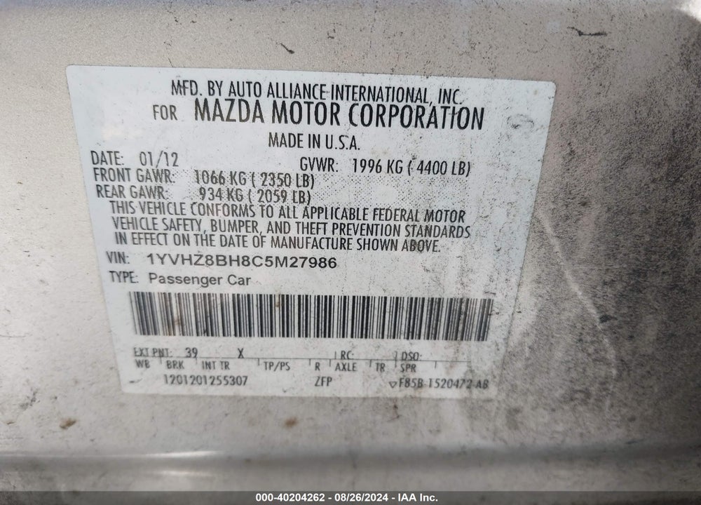2012 MAZDA 6 I SPORT VIN: 1YVHZ8BH8C5M27986