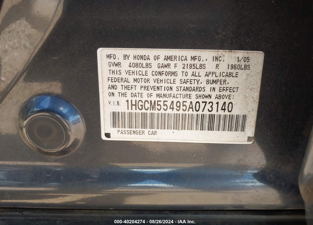 2005 HONDA ACCORD 2.4 LX VIN: 1HGCM55495A073140