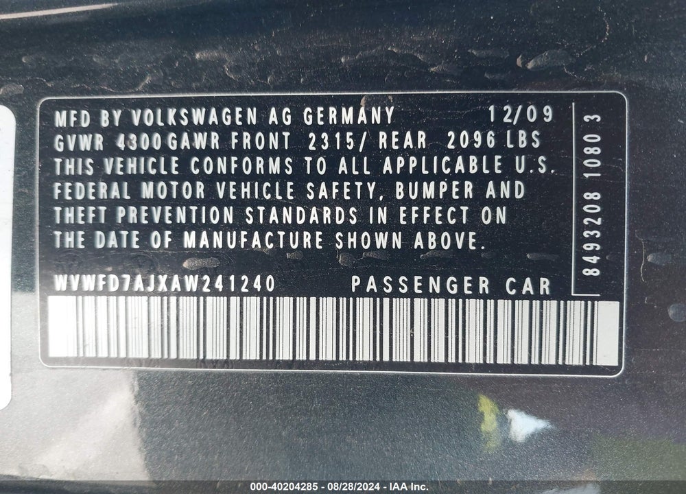 2010 VOLKSWAGEN GTI 2-DOOR VIN: WVWFD7AJXAW241240