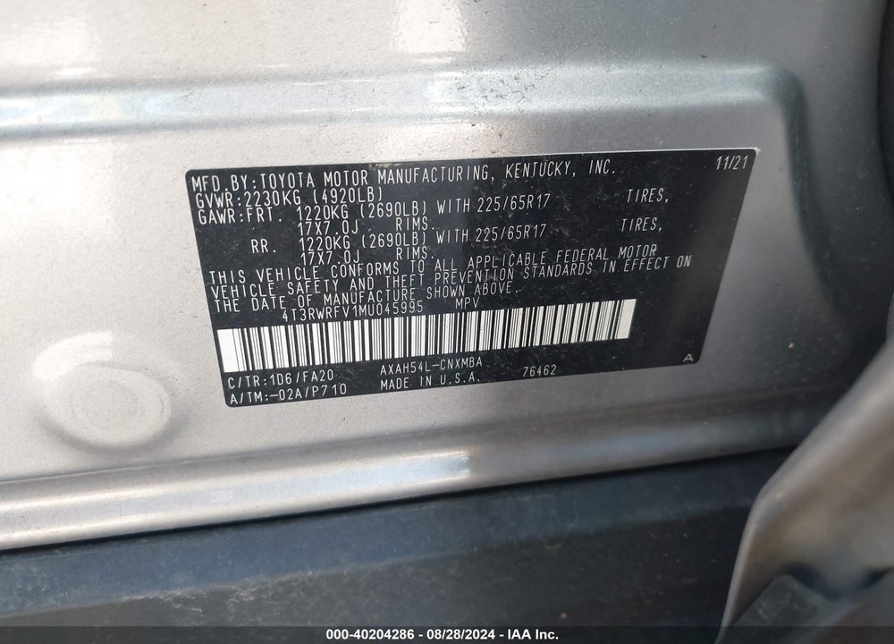 2021 TOYOTA RAV4 HYBRID XLE VIN: 4T3RWRFV1MU045995