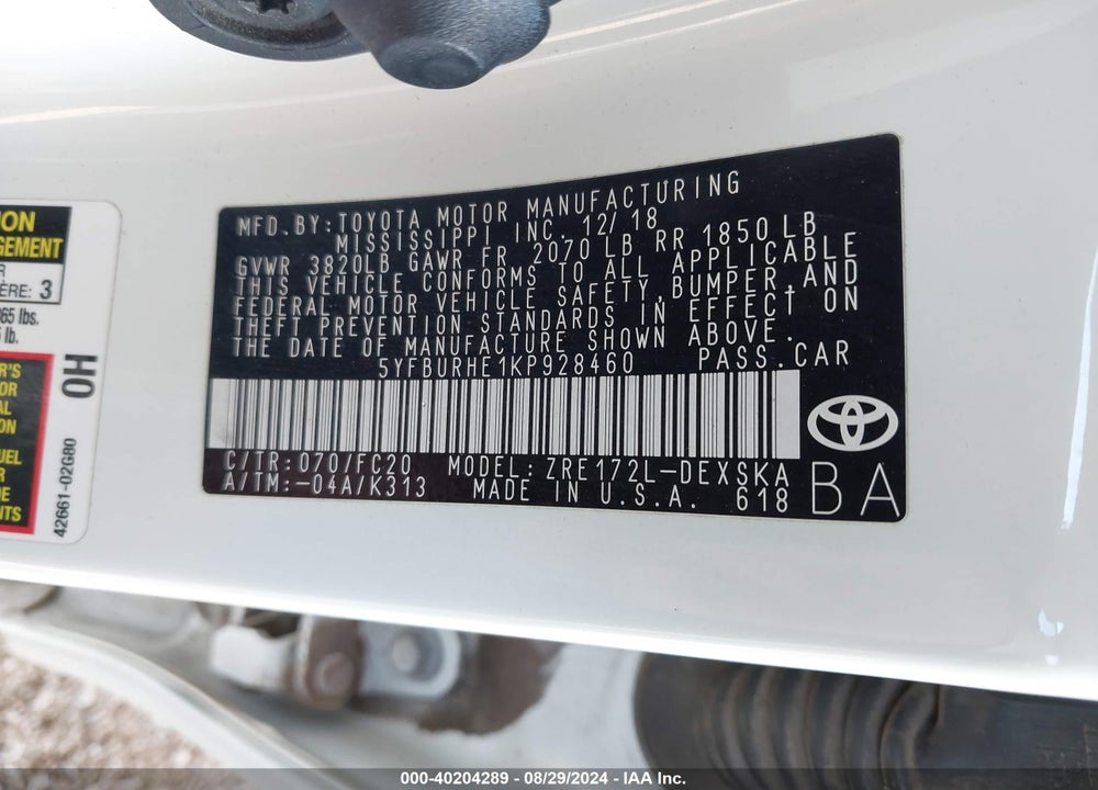 2019 TOYOTA COROLLA SE VIN: 5YFBURHE1KP928460