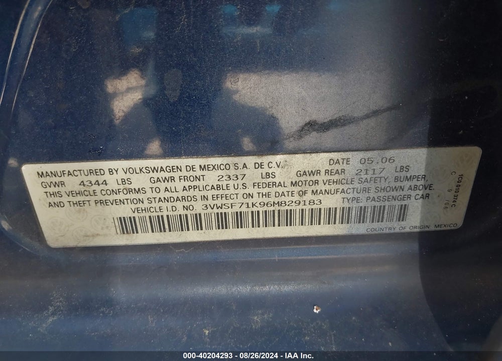 2006 VOLKSWAGEN JETTA 2.5 VIN: 3VWSF71K96M829183