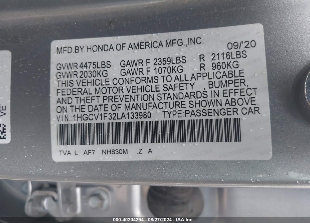 2020 HONDA ACCORD SPORT VIN: 1HGCV1F32LA133980