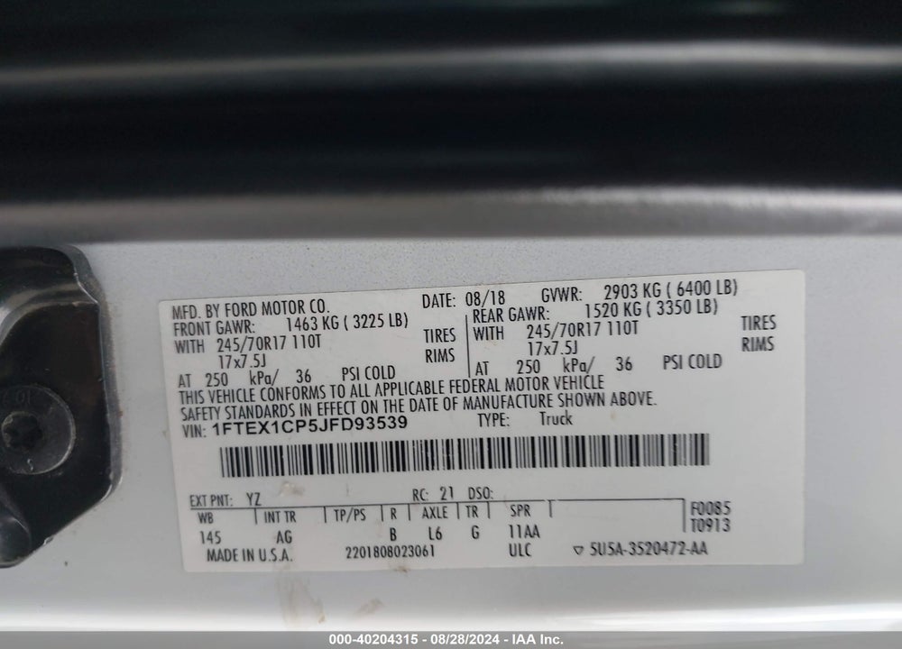 2018 FORD F-150 VIN: 1FTEX1CP5JFD93539