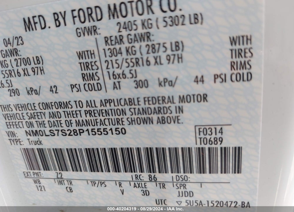 2023 FORD TRANSIT CONNECT XL VIN: NM0LS7S28P1555150