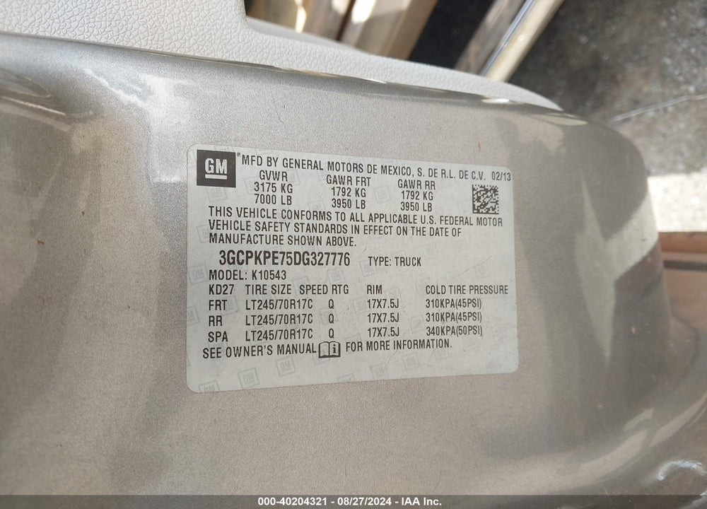 2013 CHEVROLET SILVERADO 1500 WORK TRUCK VIN: 3GCPKPE75DG327776