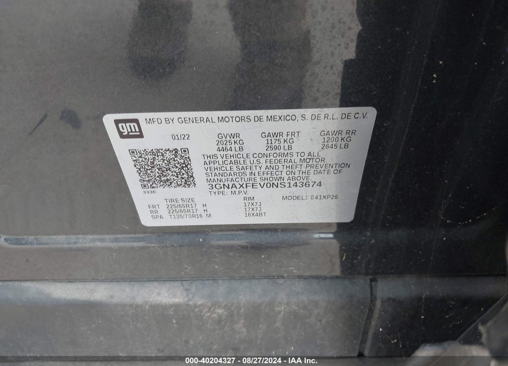 2022 CHEVROLET EQUINOX FWD 1FL VIN: 3GNAXFEV0NS143674