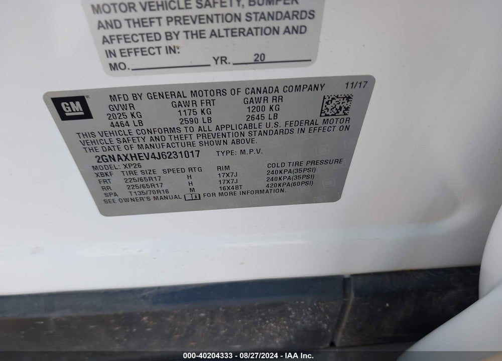 2018 CHEVROLET EQUINOX LS VIN: 2GNAXHEV4J6231017
