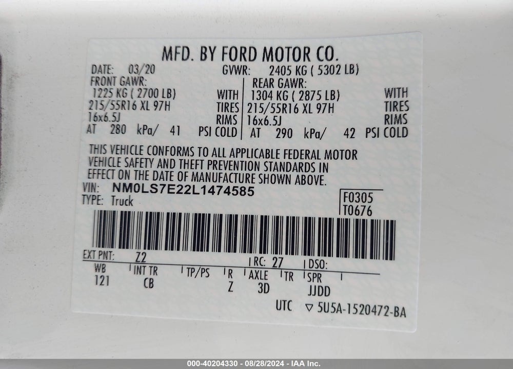 2020 FORD TRANSIT CONNECT XL VIN: NM0LS7E22L1474585