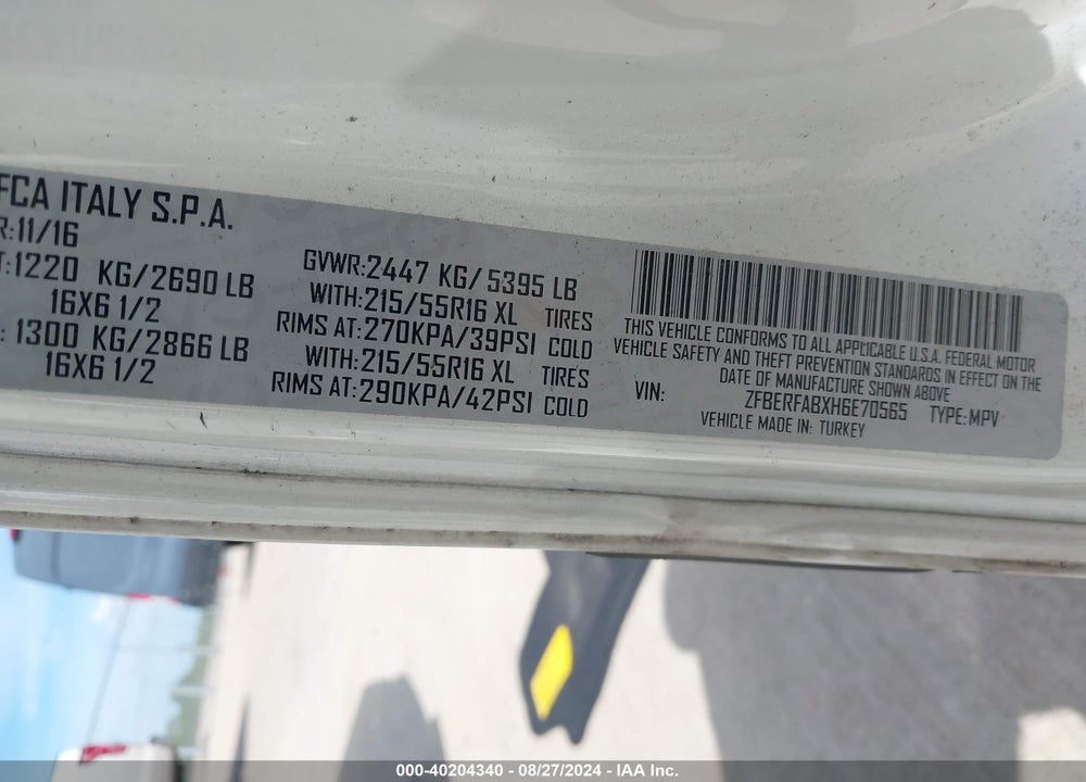2017 RAM PROMASTER CITY TRADESMAN VIN: ZFBERFABXH6E70565