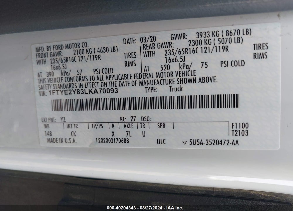 2020 FORD TRANSIT-150 VIN: 1FTYE2Y83LKA70093