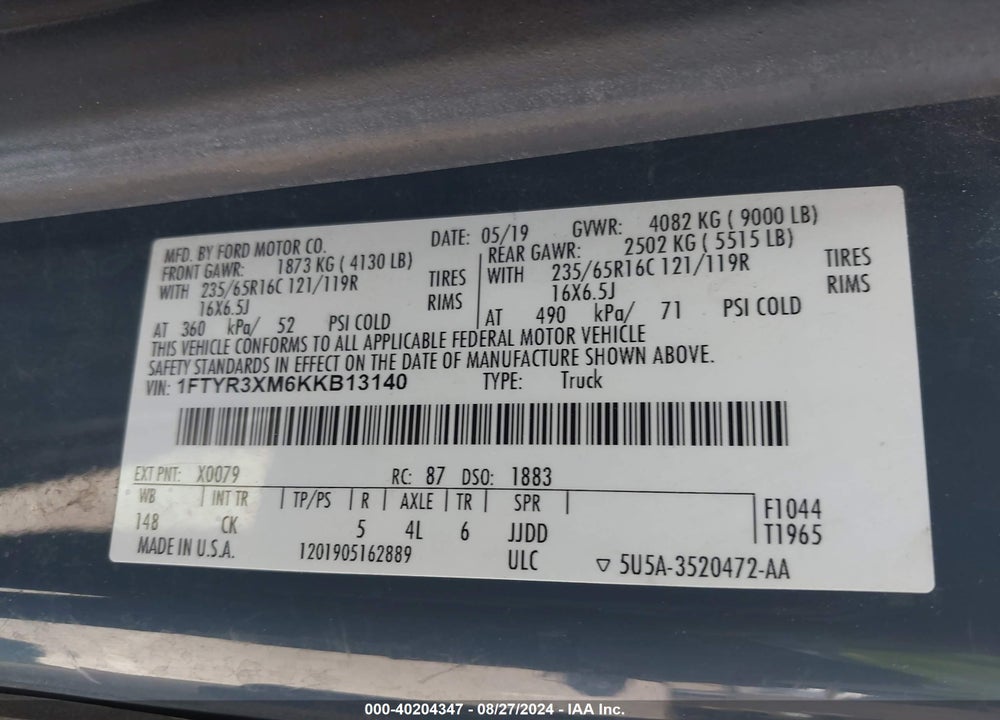 2019 FORD TRANSIT-250 VIN: 1FTYR3XM6KKB13140