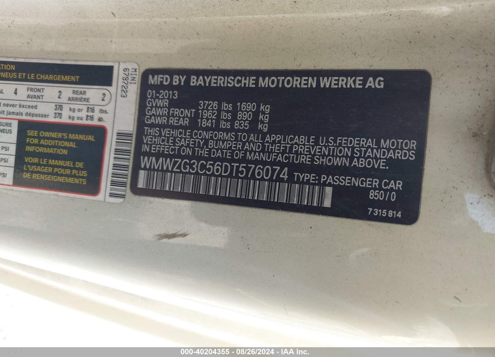 2013 MINI CLUBMAN COOPER S VIN: WMWZG3C56DT576074