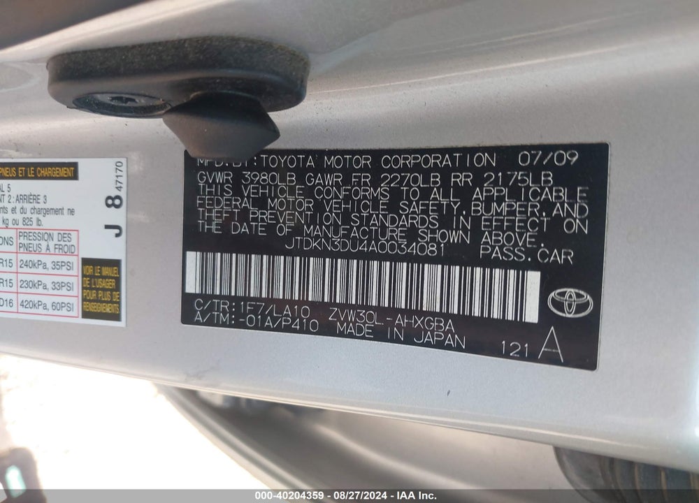 2010 TOYOTA PRIUS IV VIN: JTDKN3DU4A0034081