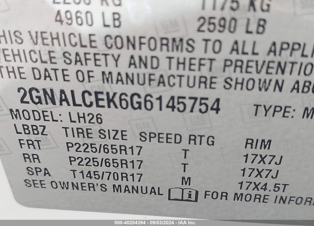 2016 CHEVROLET EQUINOX LT VIN: 2GNALCEK6G6145754