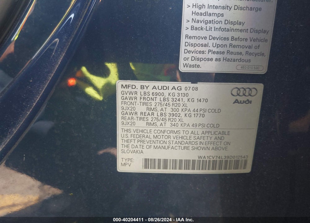 2009 AUDI Q7 4.2 PRESTIGE VIN: WA1CV74L39D012543