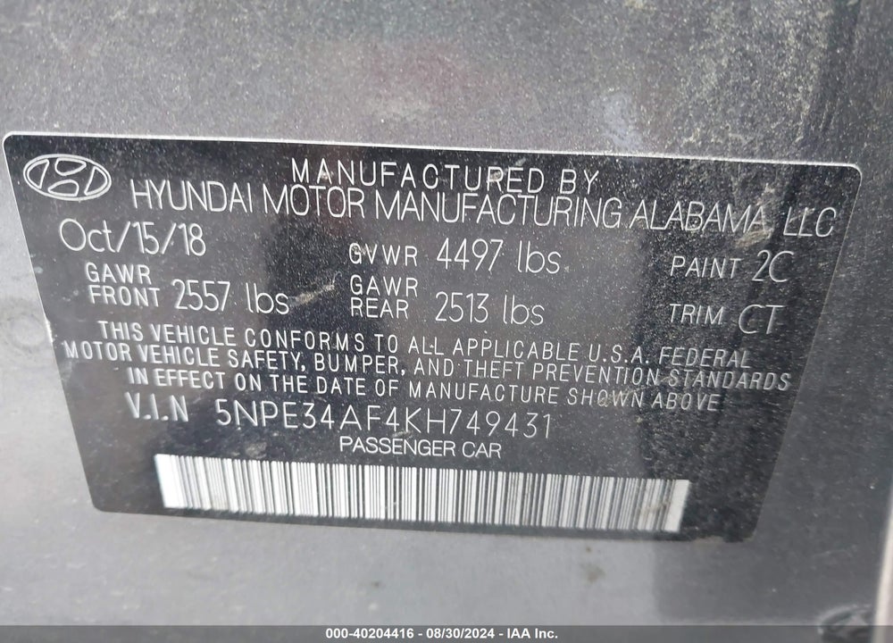 2019 HYUNDAI SONATA SEL VIN: 5NPE34AF4KH749431