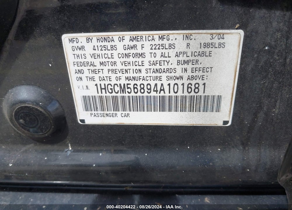2004 HONDA ACCORD 2.4 EX VIN: 1HGCM56894A101681