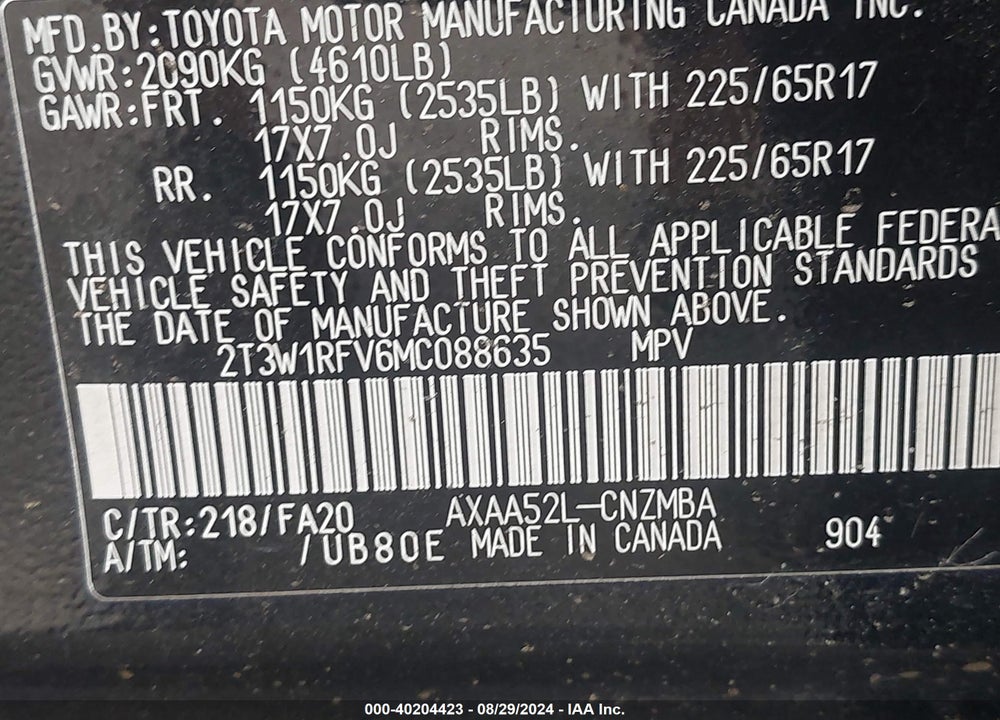 2021 TOYOTA RAV4 XLE VIN: 2T3W1RFV6MC088635