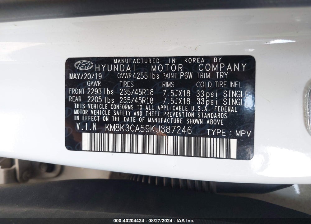 2019 HYUNDAI KONA LIMITED VIN: KM8K3CA59KU387246