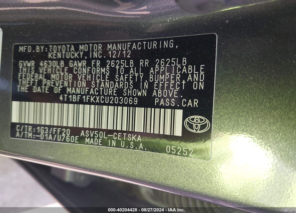2012 TOYOTA CAMRY SE VIN: 4T1BF1FKXCU203069