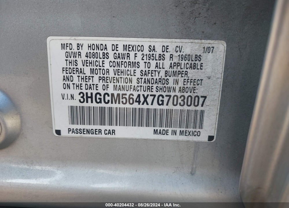 2007 HONDA ACCORD 2.4 LX VIN: 3HGCM564X7G703007