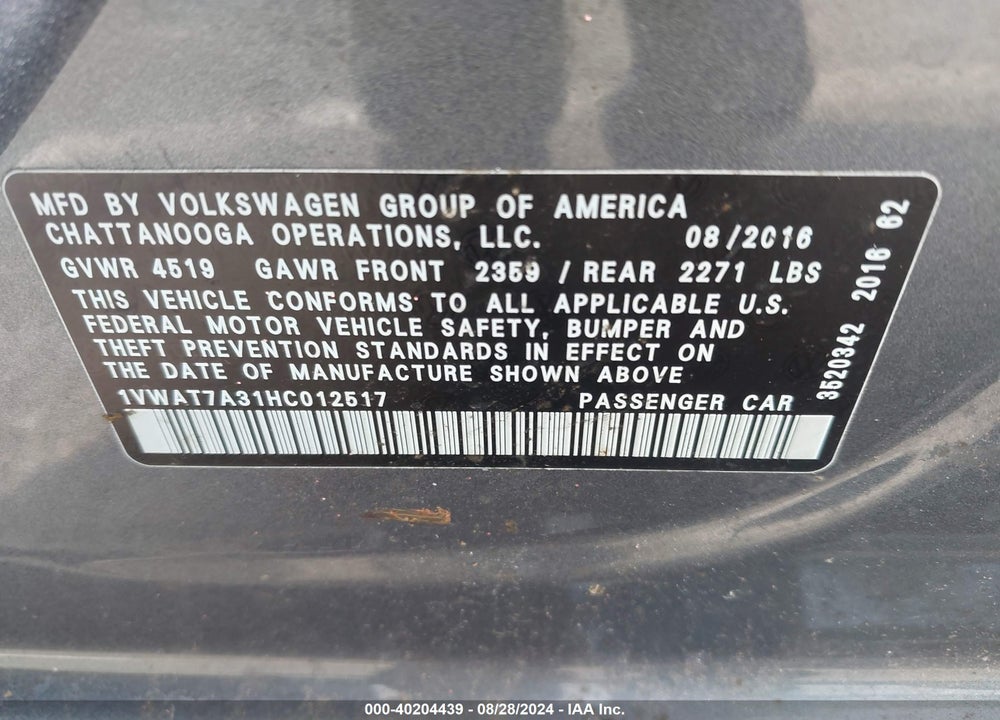 2017 VOLKSWAGEN PASSAT 1.8T S VIN: 1VWAT7A31HC012517